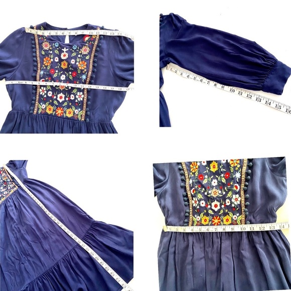 Navy Blue Embroidered Dress Sz Medium Floral Boho Long Sleeves Tiered Elastic - Picture 16 of 17